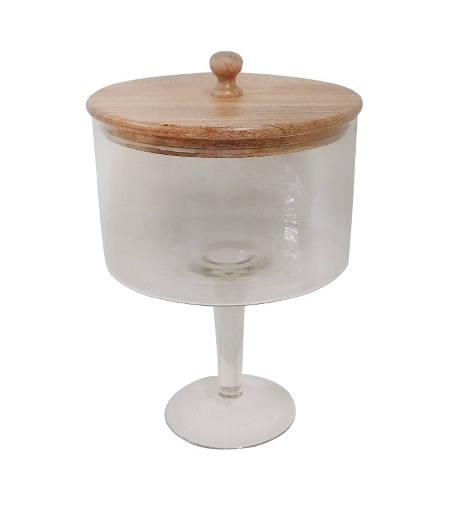 Med. Pedestal Glass Jar with Wood Top: Glass / Mango Wood