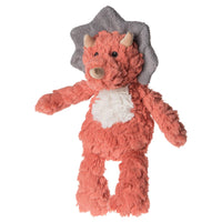 Plush toy resembling a creature with a coral body, white belly, and gray hat on a white background
