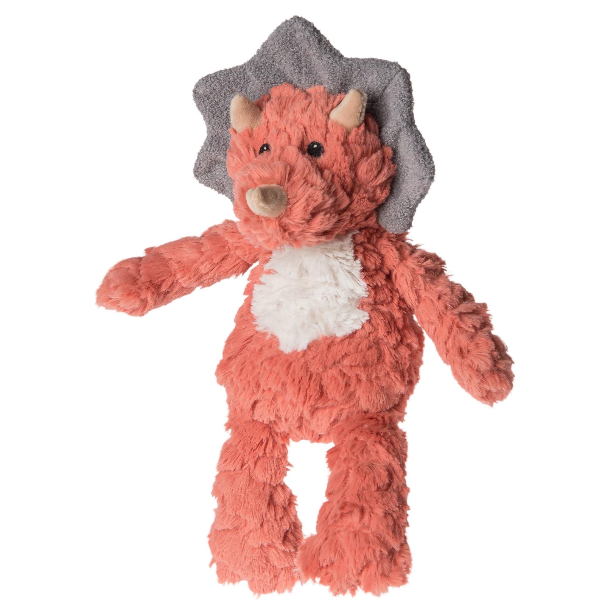Plush toy resembling a creature with a coral body, white belly, and gray hat on a white background