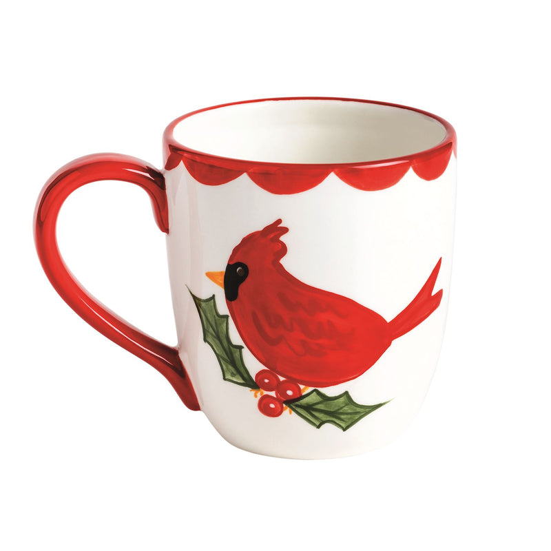 Mug with a red cardinal design on a white background