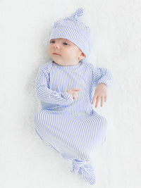 Softsnooze™ Baby Boys Bamboo Viscose Periwinkle & White Micro Stripe Knotted Sleep Gown & Hat Set