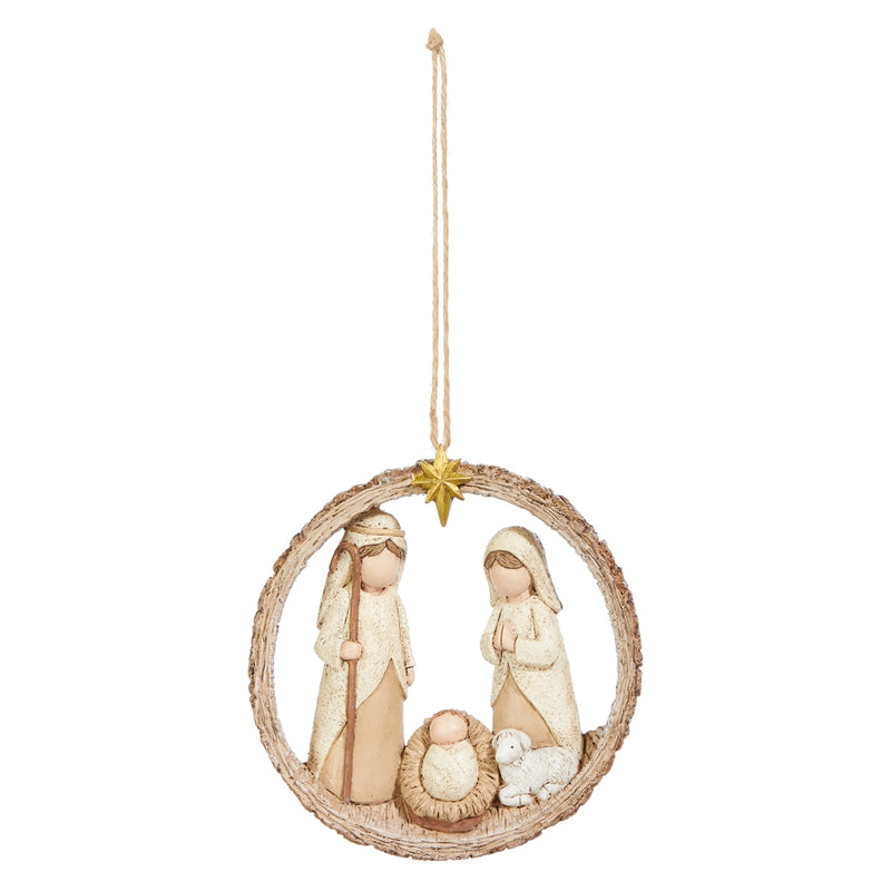 Decorative nativity scene ornament with Mary and Joseph in a circular frame on a white background.