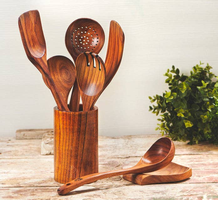 12 pcs Wooden Utensils Set with Holder, Spoon Rest & Hooks