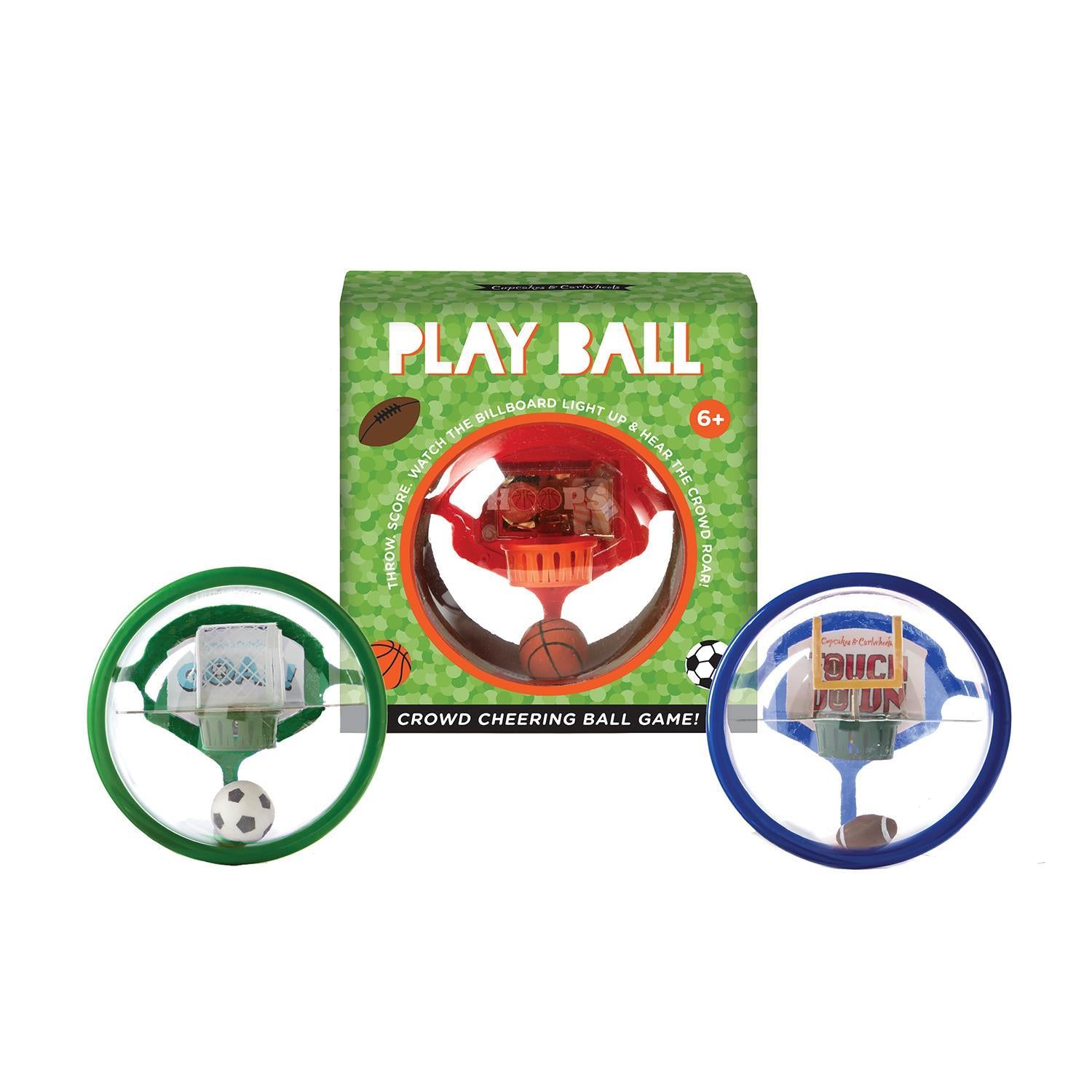 Crowd cheering ball game with packaging on a white background