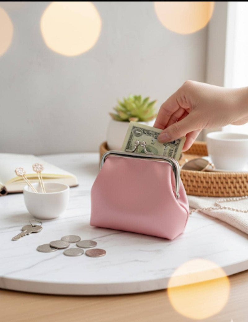 Hand placing money into a pink purse on a table with a blurred background