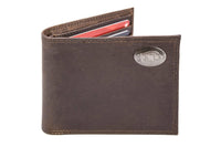 Brown leather wallet with a silver emblem on a white background