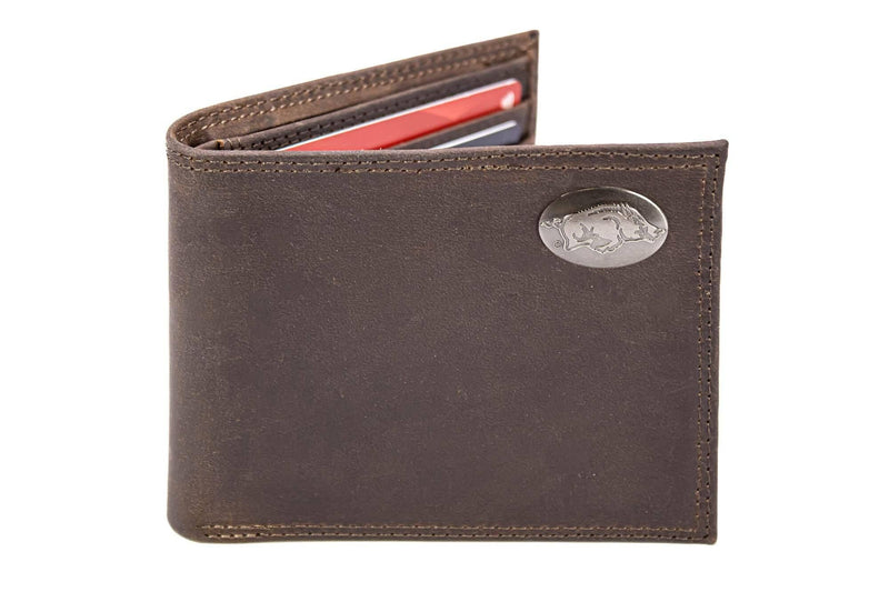 Brown leather wallet with a silver emblem on a white background