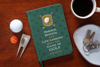 Green notebook titled 'Birdies, Bogeys, and Life Lessons from the Game of Golf' on a wooden surface with a golf ball, divot tool, and coffee.