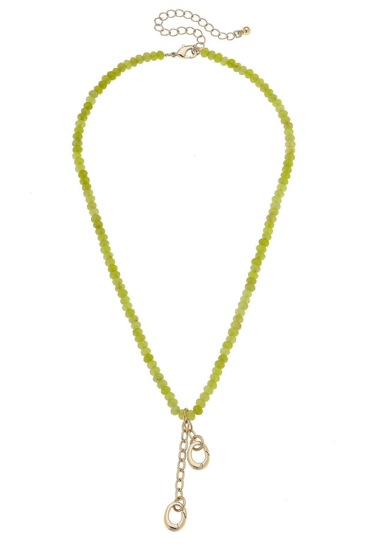 Green beaded necklace with a gold clasp on a white background