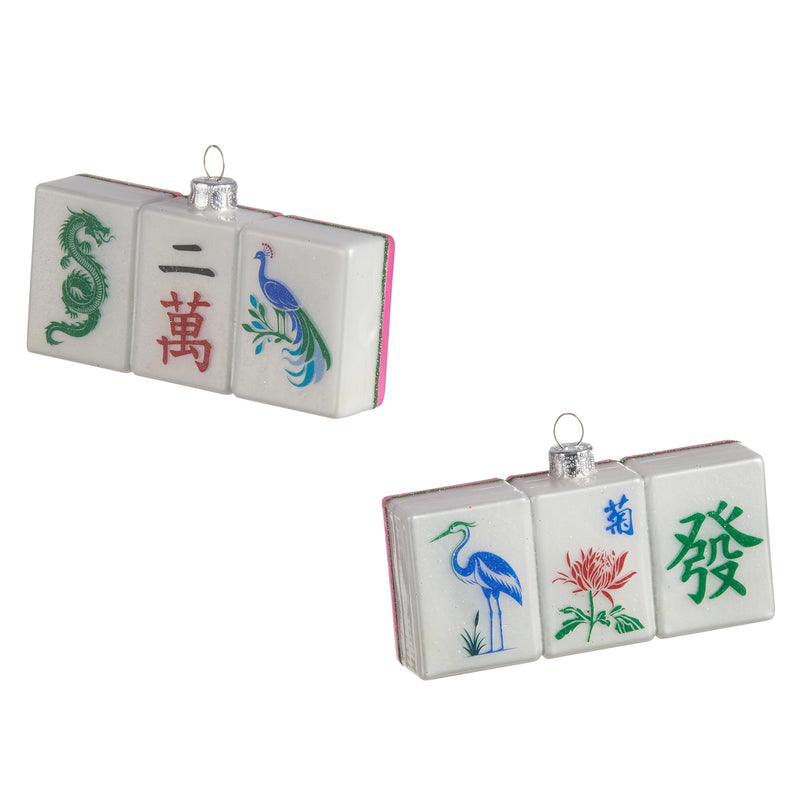 Two sets of Mahjong tile ornaments with colorful designs on a white background