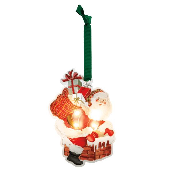 A Christmas hanging ornament featuring Santa Claus sitting in a chimney with a glowing light, carrying a red gift sack and wrapped presents, with a green ribbon loop at the top, shown on a plain white background.