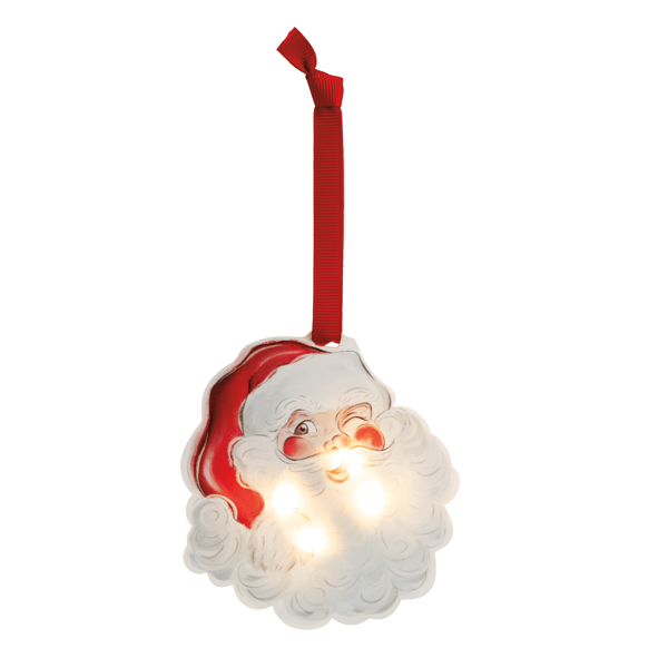 A festive Santa Claus hanging ornament with a glowing warm light and a red hanging ribbon, shown on a plain white background.