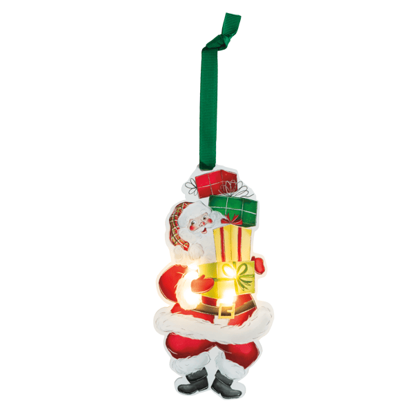 A hanging Christmas ornament featuring Santa Claus carrying a glowing stack of wrapped presents, with a green ribbon loop at the top, shown on a plain white background.