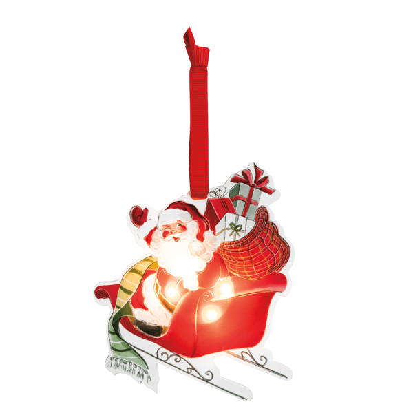 A Christmas hanging ornament shaped like Santa Claus sitting in a red sleigh, with a red hanging ribbon at the top, white background, and small warm lights visible inside the sleigh.
