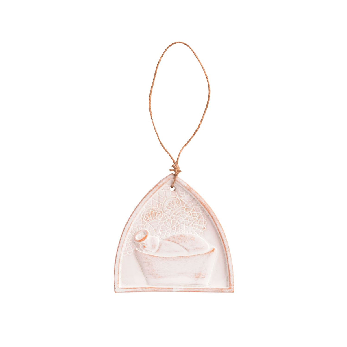 A decorative hanging ornament with a triangular clear acrylic or glass body, featuring a printed or embossed scene of a baby in a crib with a rose-gold/copper-toned border and a matching hanging loop at the top.