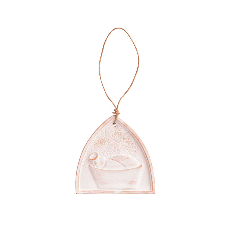 A decorative hanging ornament with a triangular clear acrylic or glass body, featuring a printed or embossed scene of a baby in a crib with a rose-gold/copper-toned border and a matching hanging loop at the top.