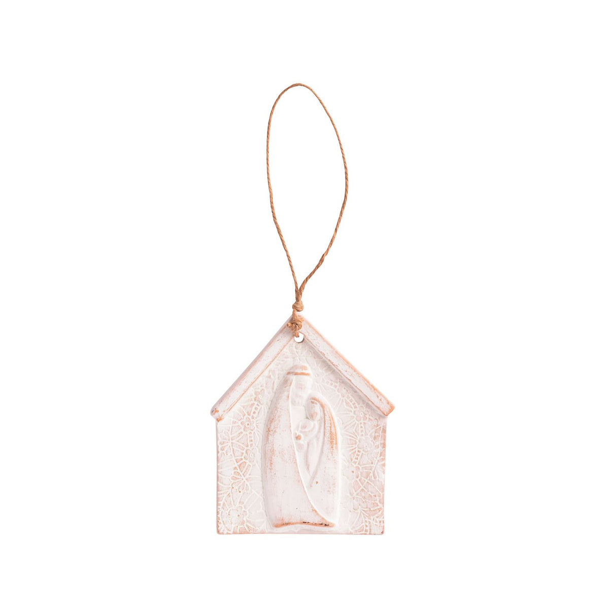 Decorative house-shaped ornament with a string on a white background