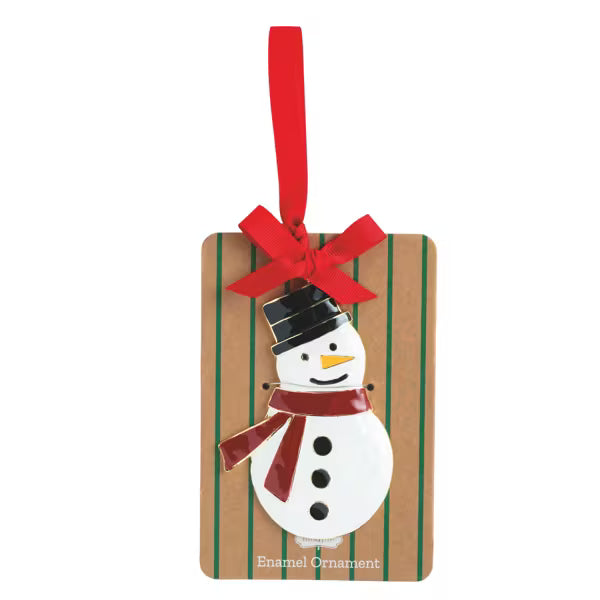 A wooden Christmas ornament featuring a painted snowman with a black top hat, red scarf, and orange carrot nose on a brown striped wooden plaque with a red hanging ribbon.