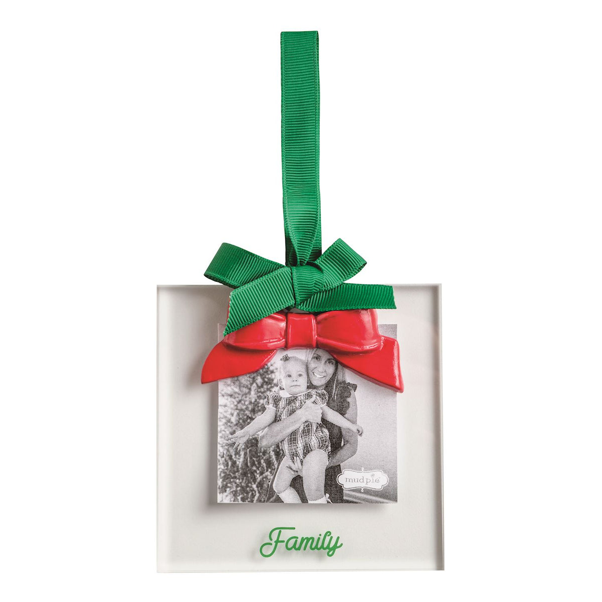A square white personalized photo ornament with a green ribbon hanger, a red bow, and a central black-and-white family photo. The word 'Family' is written in green at the bottom.