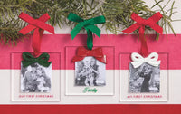 Collection of 3 ornaments on a red and white striped background
