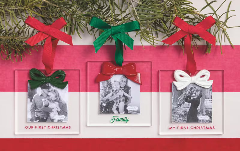 Collection of 3 ornaments on a red and white striped background
