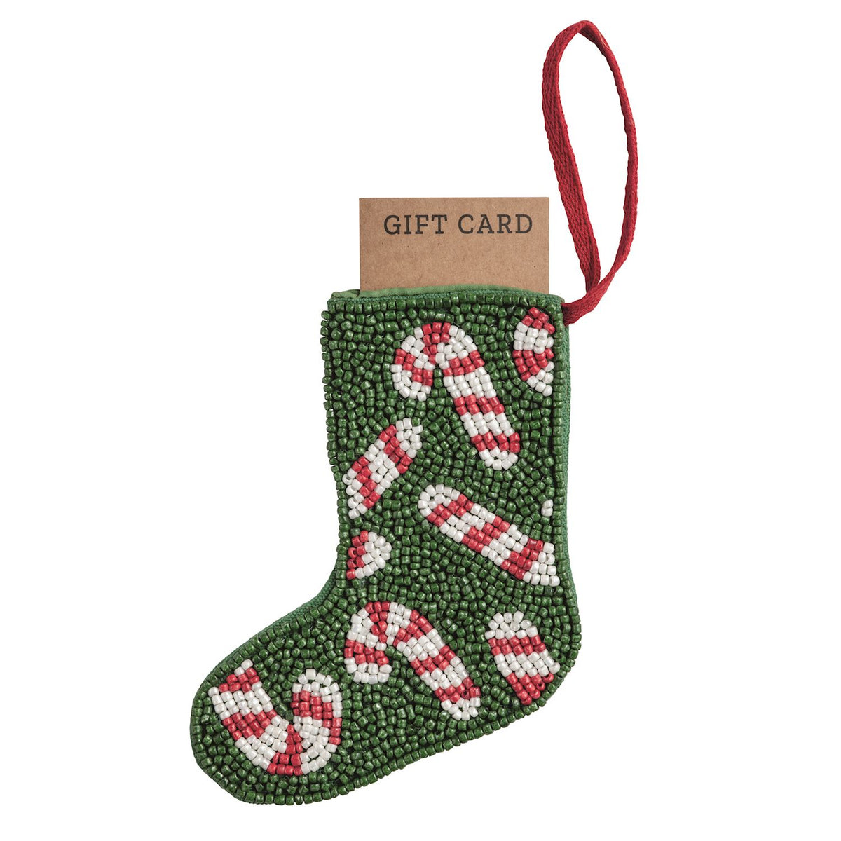 Green beaded stocking with candy cane design and gift card on a white background