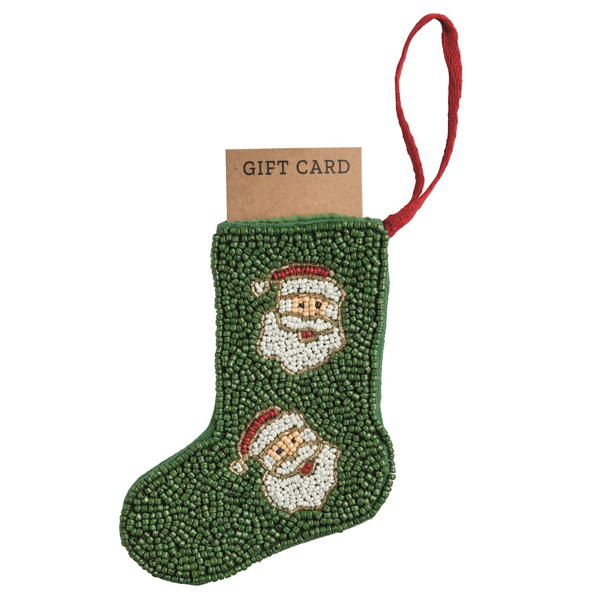 Green beaded stocking with Santa faces and a gift card holder on a white background