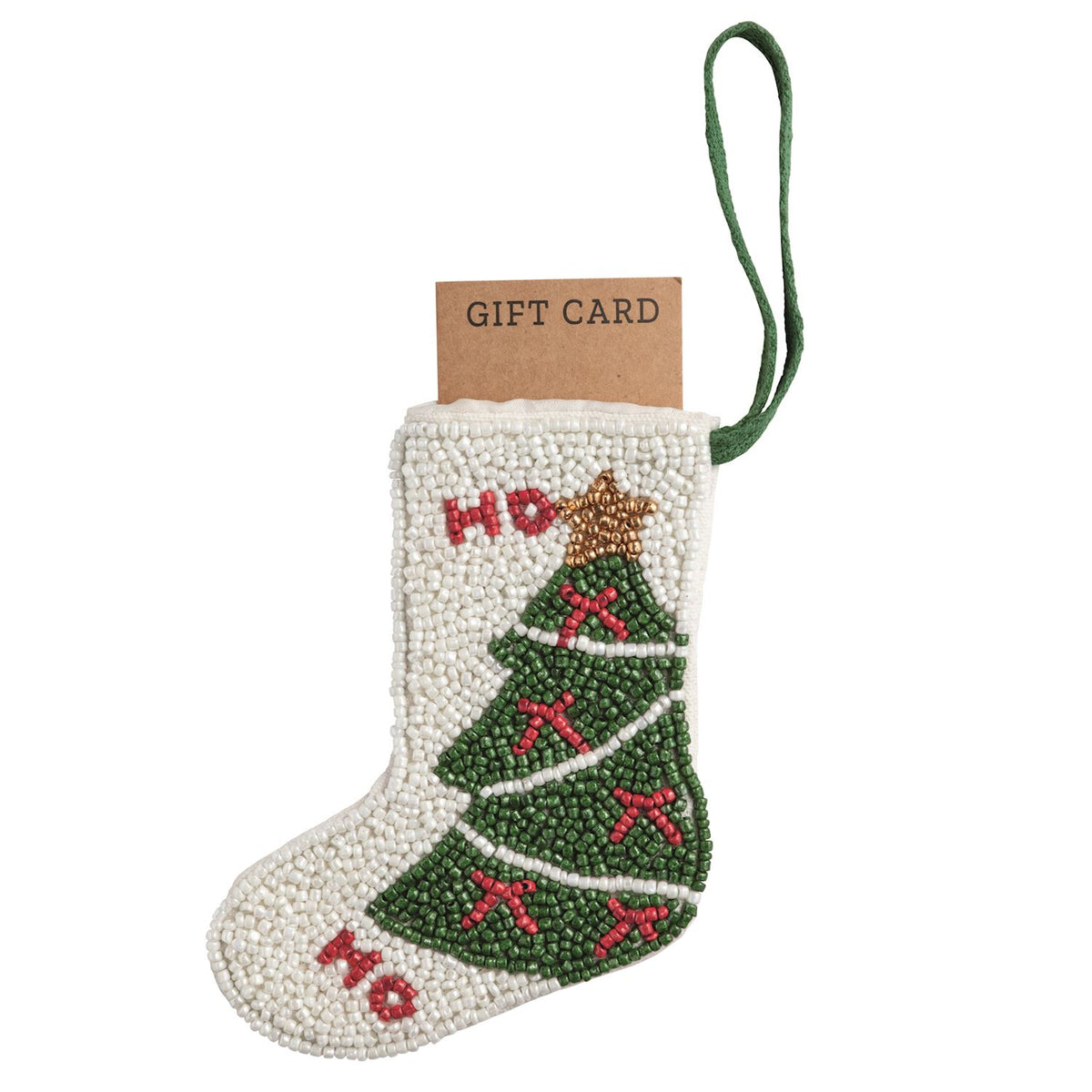Gift card holder shaped like a beaded stocking with a Christmas tree design on a white background