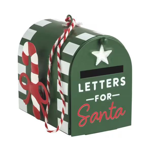 Decorative mailbox with 'Letters for Santa' text and Christmas elements on a white background