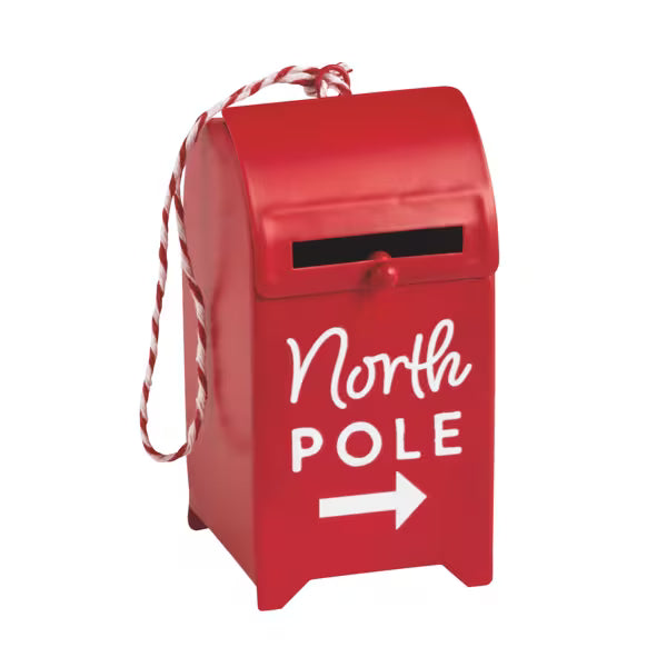 Red mailbox with 'North Pole' text and arrow on a white background