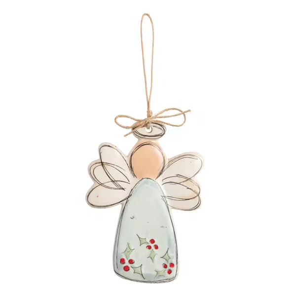 Hand painted angel ceramic Christmas Tree Ornament on a white background. Angel is wearing a pale blue dress with green holly leaves and red berries. Angel has a hand-drawn look with out  facial features. 