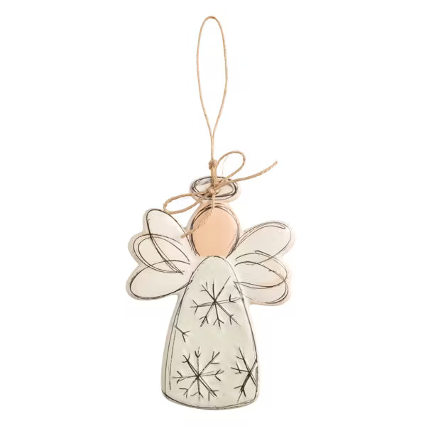 A rustic metal angel Christmas ornament with a peach-colored head, silver wings, and black snowflake designs on a white body, hanging from a jute string.