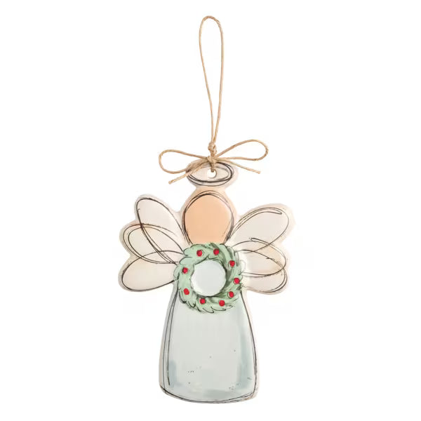 A hand-painted ceramic angel Christmas ornament with a pale green dress, translucent wings, a peach-colored head, and a green wreath with red berries at the waist, hanging from a twine loop.