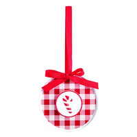 A round Christmas ornament with a red and white gingham pattern, featuring a white center circle with a red and white candy cane design. The ornament is finished with a red ribbon loop at the top, tied in a bow, and photographed on a solid white background.