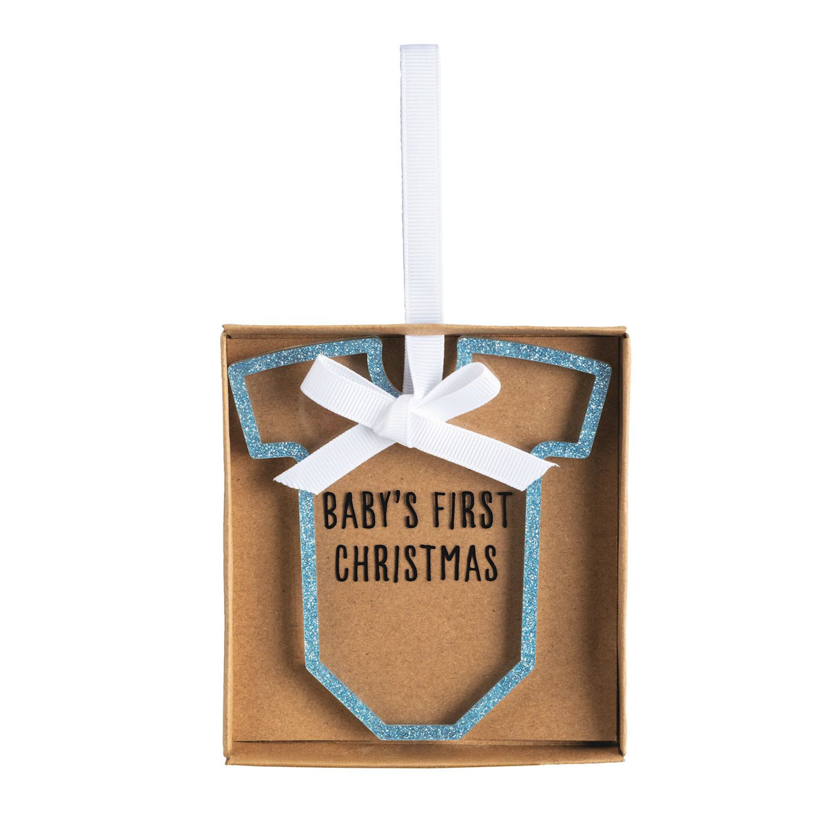 Decorative ornament shaped like a baby onesie with 'Baby's First Christmas' text, tied with a white ribbon.