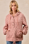 Quilted Knit Buttoned Hoodie Top With Pocket-Dusty Pink