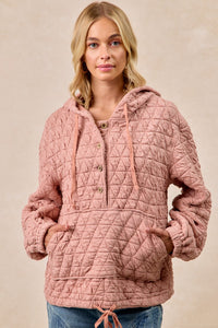 Quilted Knit Buttoned Hoodie Top With Pocket-Dusty Pink