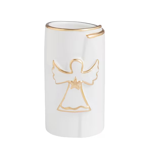 A white ceramic vase with a gold angel outline decoration on the front and a gold rim at the top, shown on a plain white background.