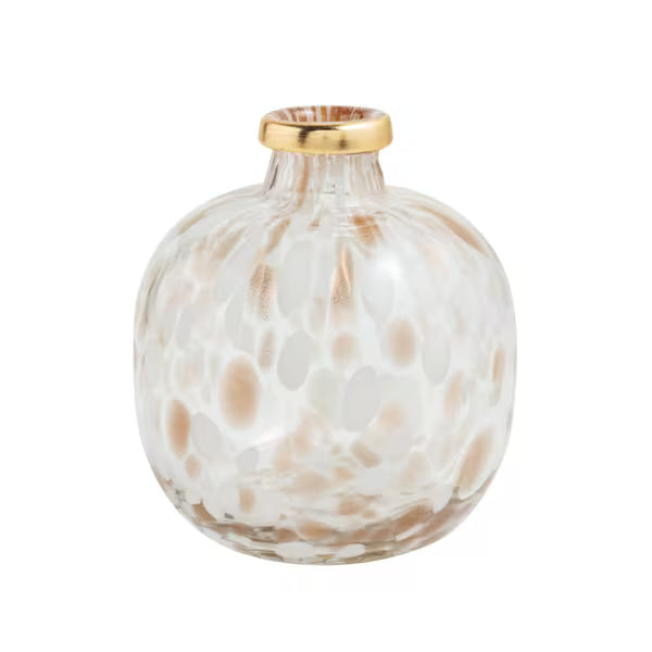 A small round glass vase with a textured, bubbly pattern in white and warm beige, featuring a metallic gold rim at the neck, set against a plain white background.