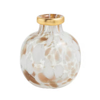 A small round glass vase with a gold rim and a frosted white and light brown marbled pattern, shown on a solid white background.