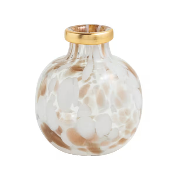 A small round glass vase with a gold rim and a frosted white and light brown marbled pattern, shown on a solid white background.