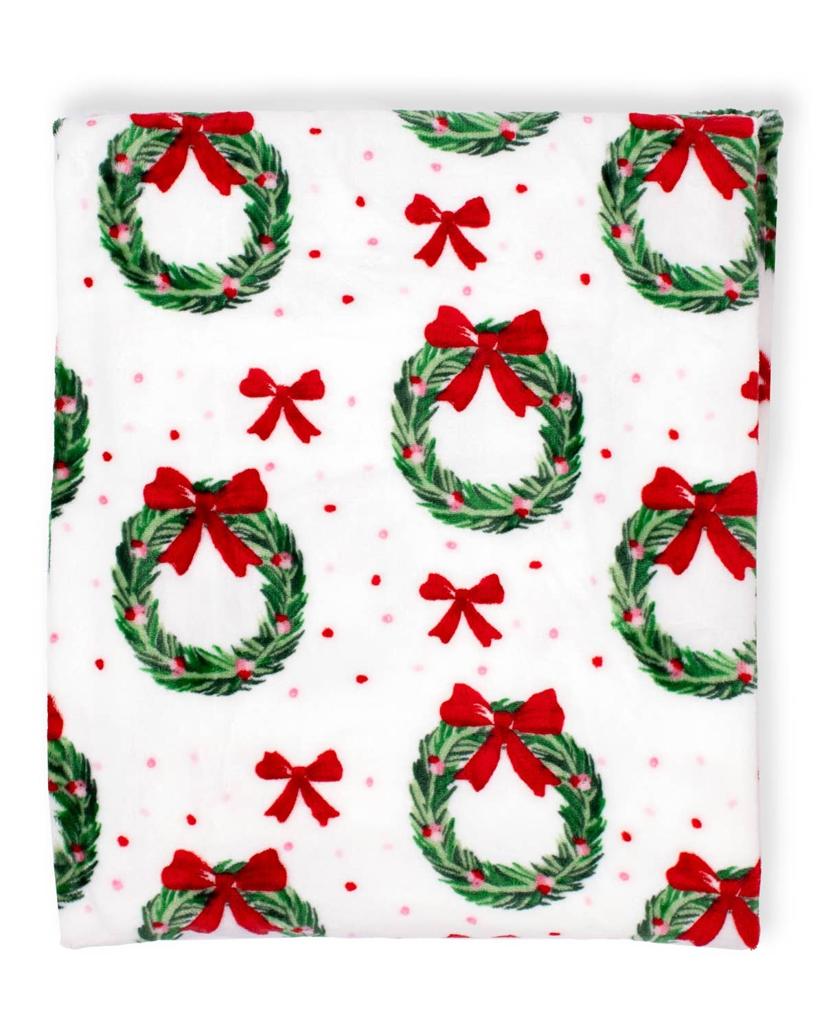 Christmas-themed fabric with wreaths and red bows on a white background