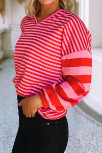 Striped Casual Shift V Neck Blouse: Strawberry Pink