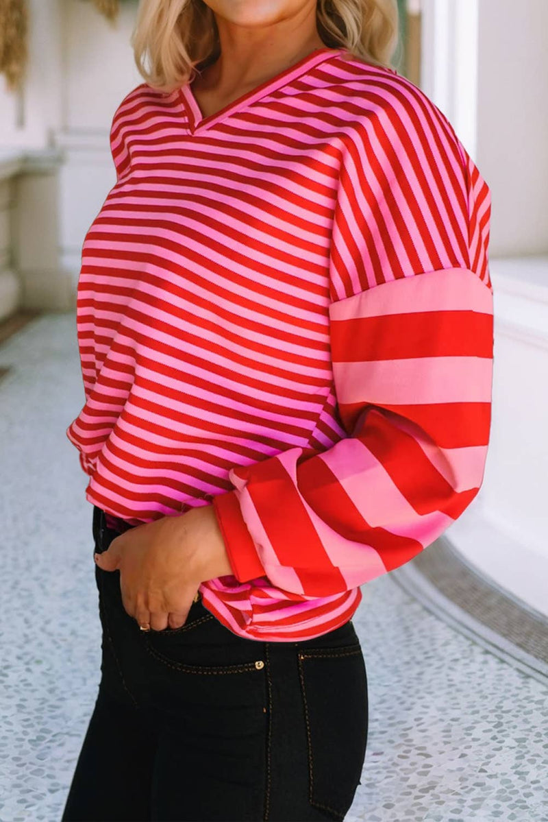 Striped Casual Shift V Neck Blouse: Strawberry Pink