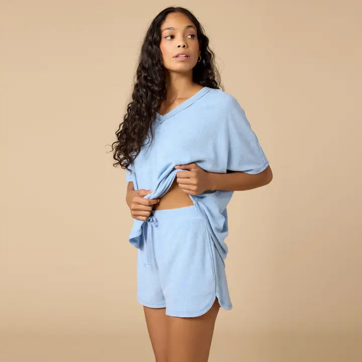 Heather Sky Blue - Terry Cropped Sleeve Crew Neck With Short Set