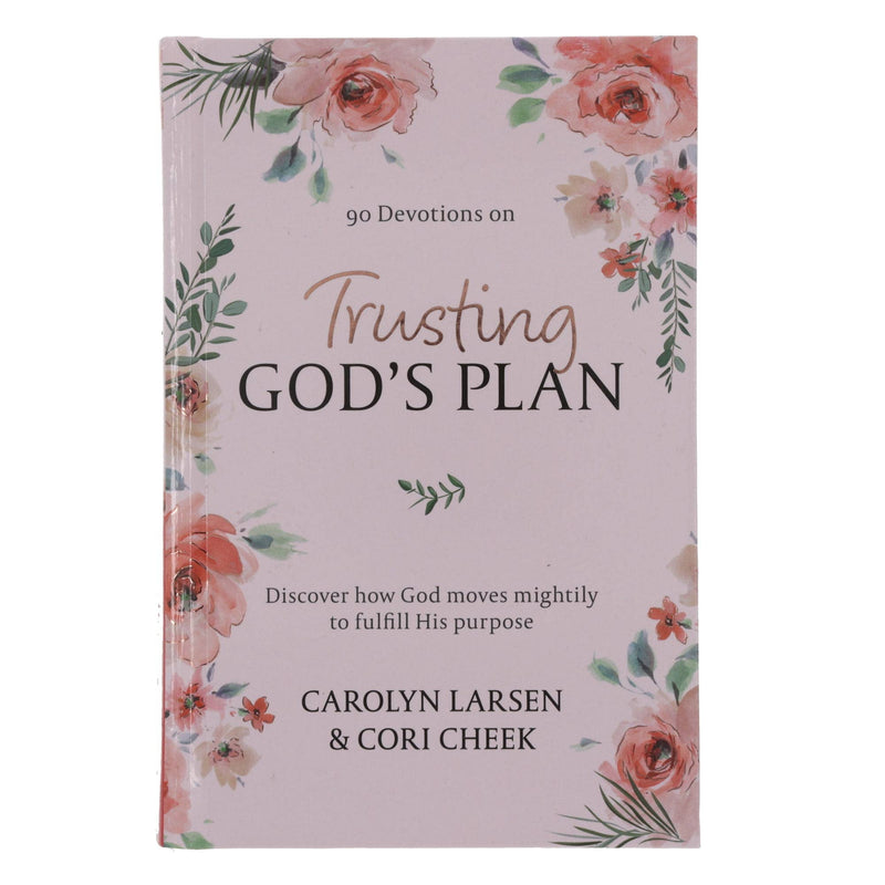 Book titled '90 Devotions on Trusting God's Plan' with floral design on a white background