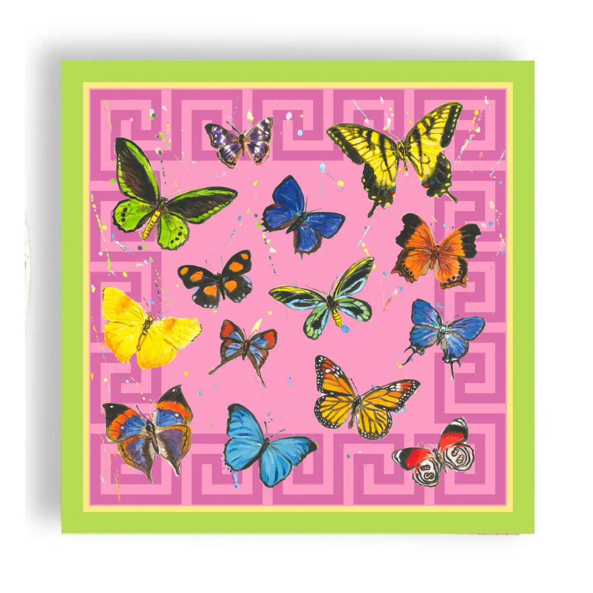 Pink fabric square with colorful butterfly pattern on a green border
