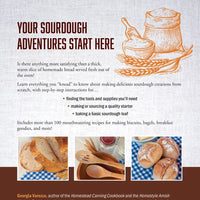 Book cover for 'Your Sourdough Adventures Start Here' with text and images of bread and baking tools.
