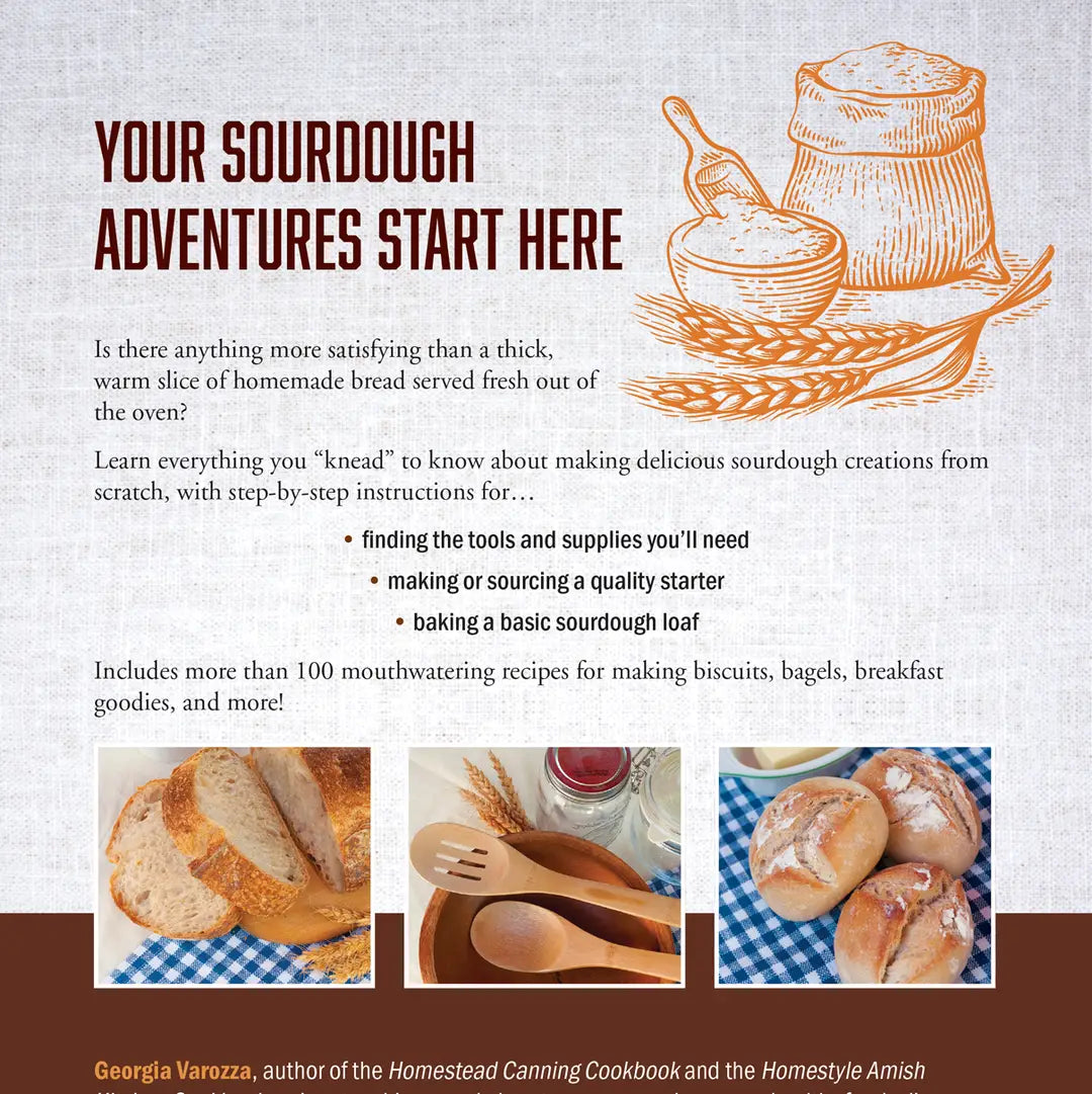Book cover for 'Your Sourdough Adventures Start Here' with text and images of bread and baking tools.