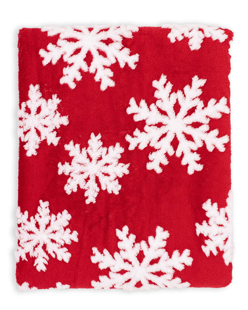 Red fabric with white snowflake pattern